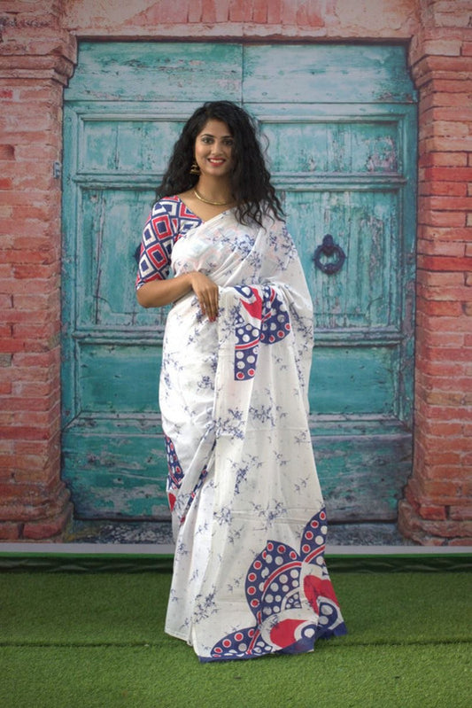 Luxurious Mulmul Cotton Saree: Lightweight & Breathable, 6M with Blouse Piece ARTICLE NO-16